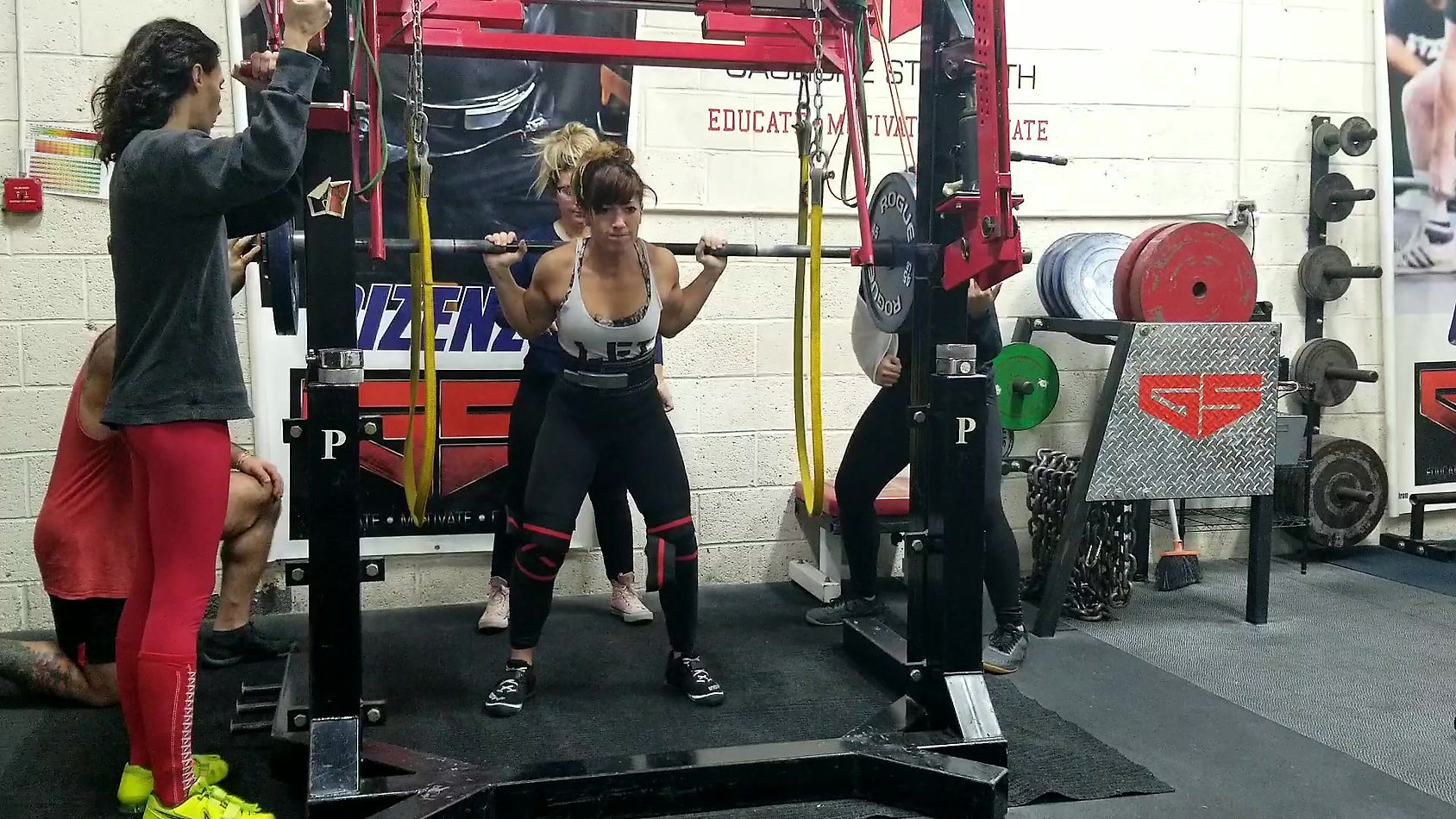 255lb squat with knee wraps and reverse bands at Gaglione Strength